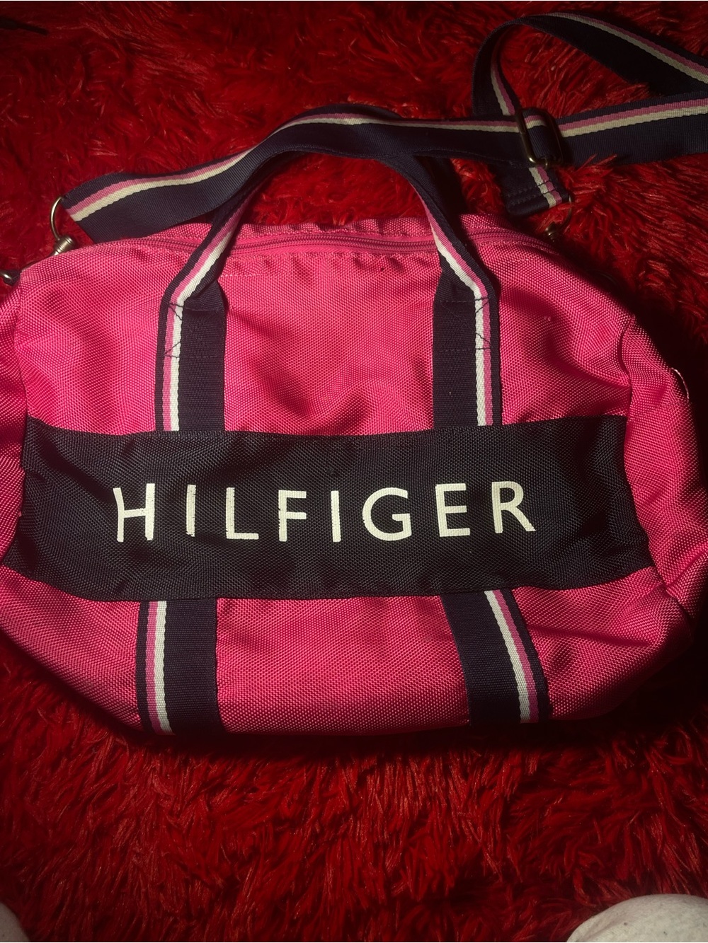 Pink Canvas Crossbody Bag with Navy Logo Band